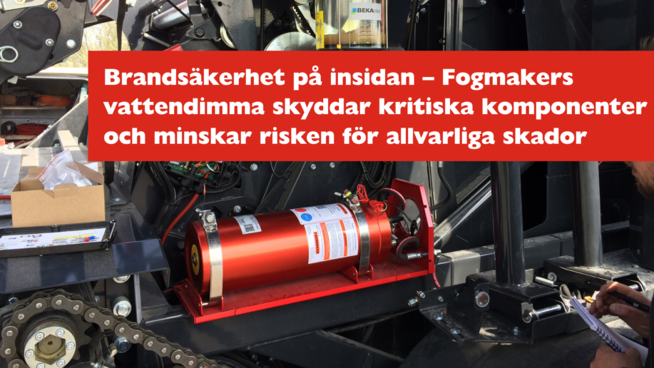 Fogmaker brandskyddssystem installerat i en maskin med synliga komponenter och kablage.