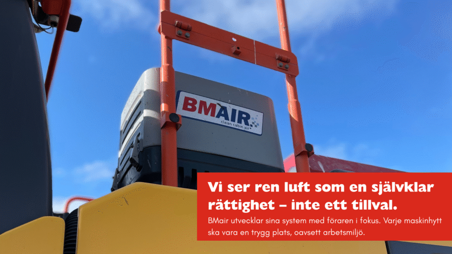 BMair-system på maskin i motljus med klarblå himmel. Fokus på hållbarhet och teknik i tuffa miljöer.