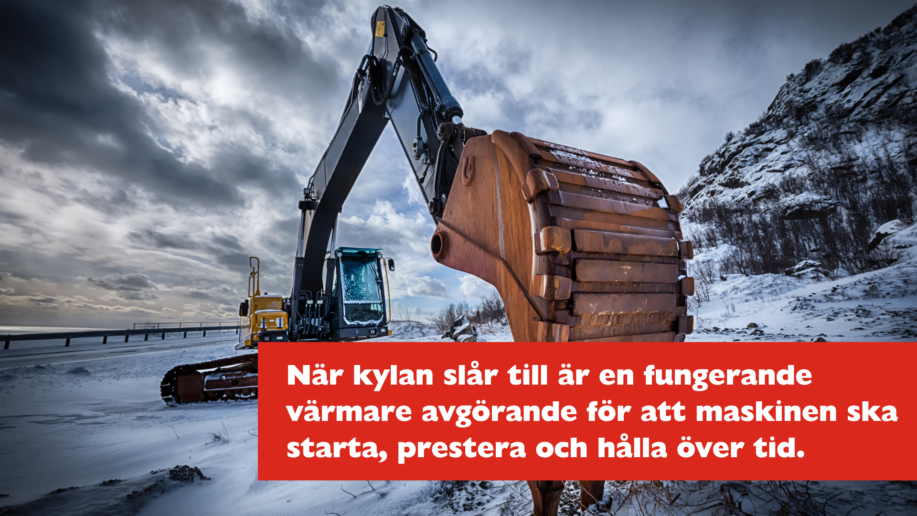 Grävmaskin står i kall vintermiljö med snö och is, illustrerar behovet av värmare för säker och driftssäker vinterkörning.