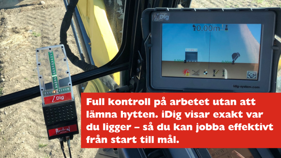 Display i grävmaskin som visar iDig maskinstyrning med nivåer och mätdata för exakt grävarbete.