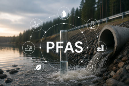 PFAS concept diagram over a water scene showing a central tube and circular icons for water, chemistry, lab, factory, safety, and environment.
