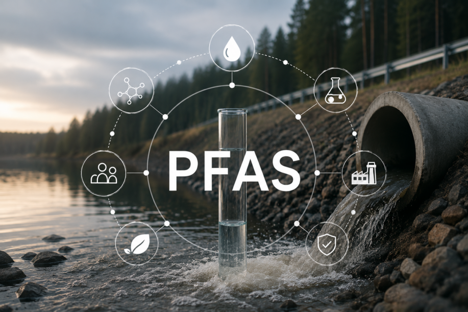 PFAS concept diagram over a water scene showing a central tube and circular icons for water, chemistry, lab, factory, safety, and environment.